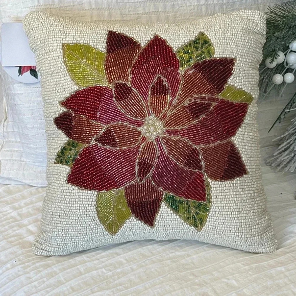 Elegant Beaded Poinsettia Accent Pillow – Holiday Decor - Picture 3 of 3